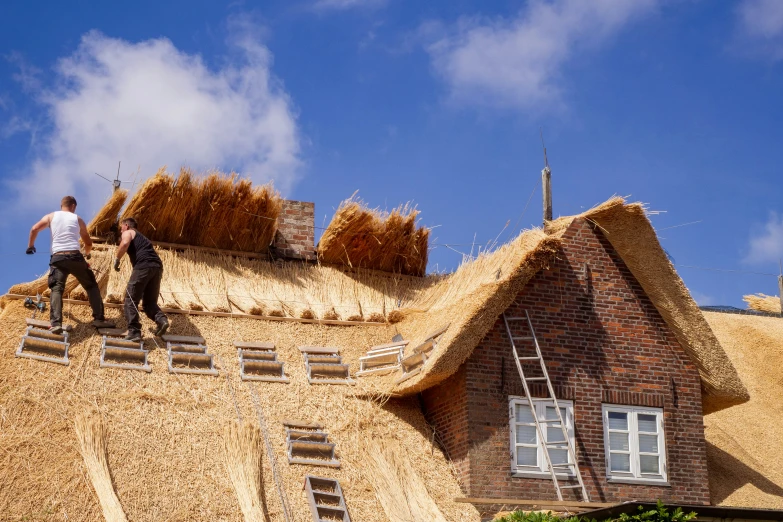 two men are painting thatched roofs with straw