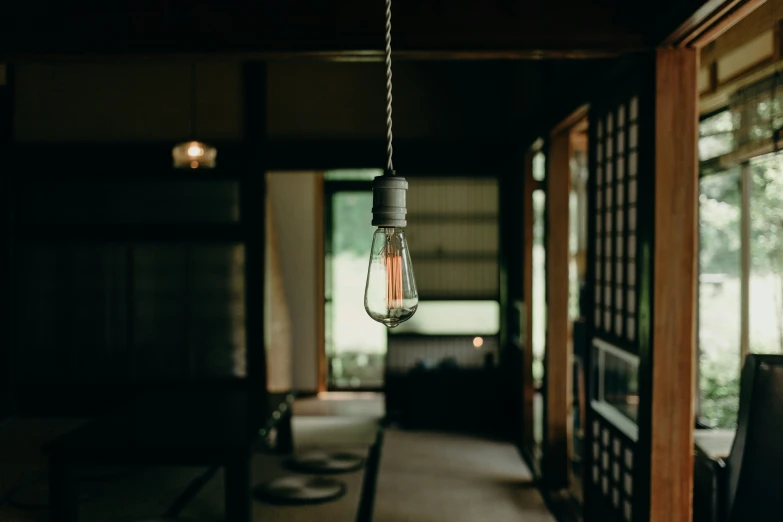 a bulb is suspended from an electrical device inside a building