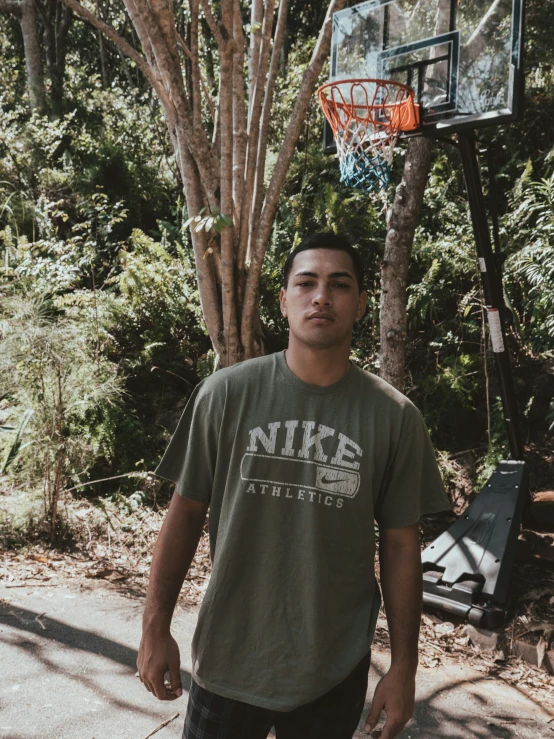 a young man standing in front of a basketball net