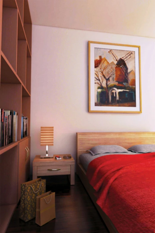 a bedroom with a bed, book shelf and bookcase