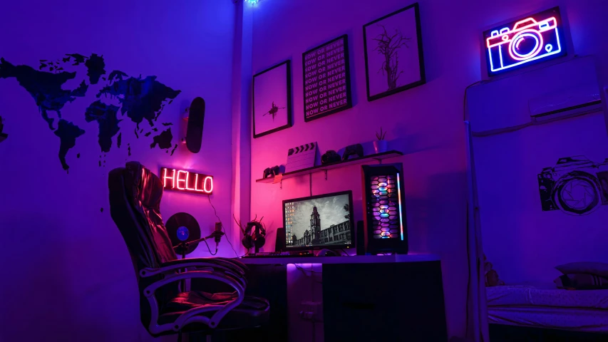 a room with a neon purple glow that has an extra sign in it