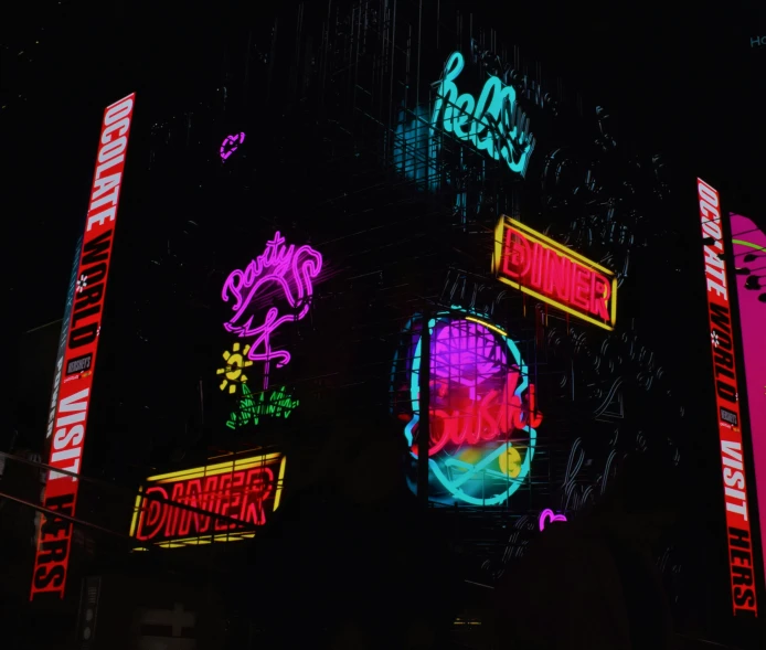 brightly lit signs adorn the side of a building