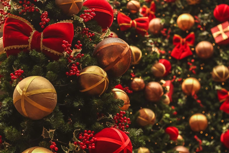 a large group of christmas balls with a tree in the background