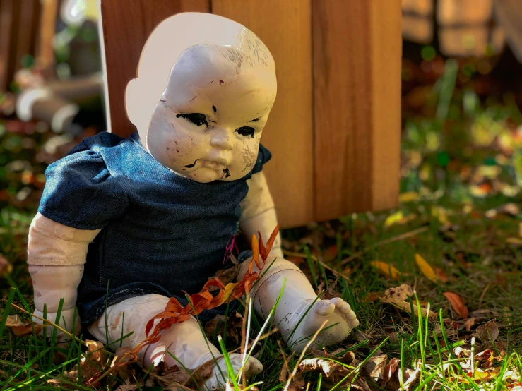 small doll sitting next to a wooden fence