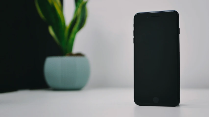 a phone sitting on a table next to a plant