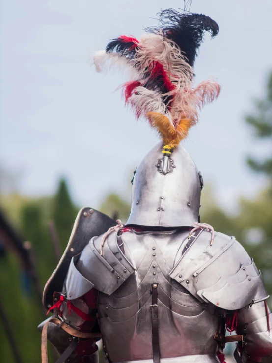 a knight suit with a feather plume attached