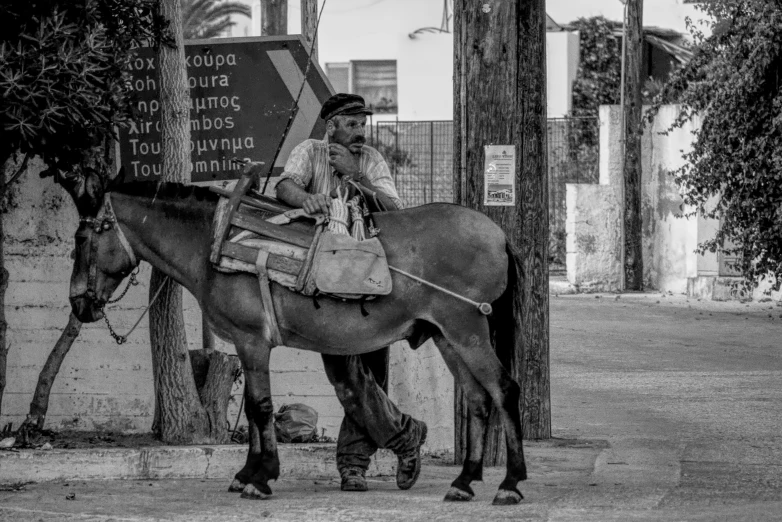 a black and white po shows a person riding a horse with no saddle