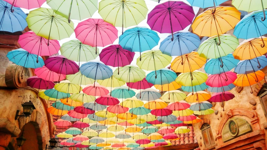 a group of umbrellas are hanging from the ceiling