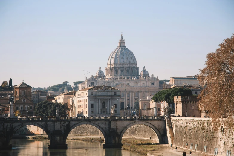 some buildings and bridge in the distance with a light colored sky