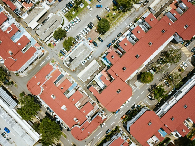 an aerial view of the top of some buildings