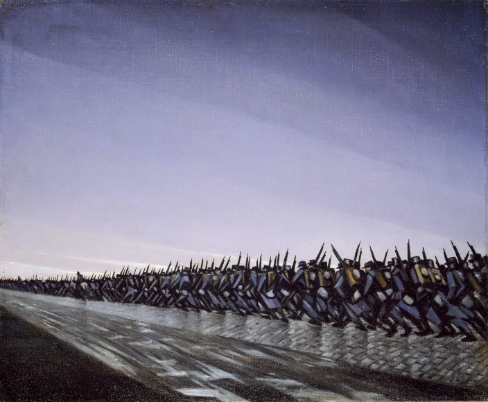 a painting of a military line with many men standing in the middle