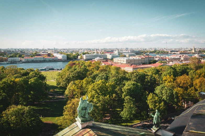 an aerial view of trees with city in the background