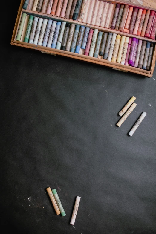 a box filled with crayons on top of a counter