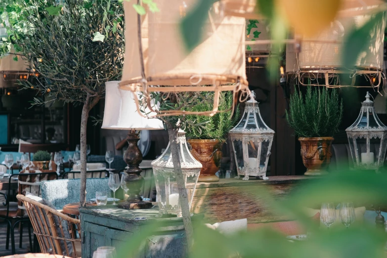 the interior of an outdoor restaurant and its many decorations