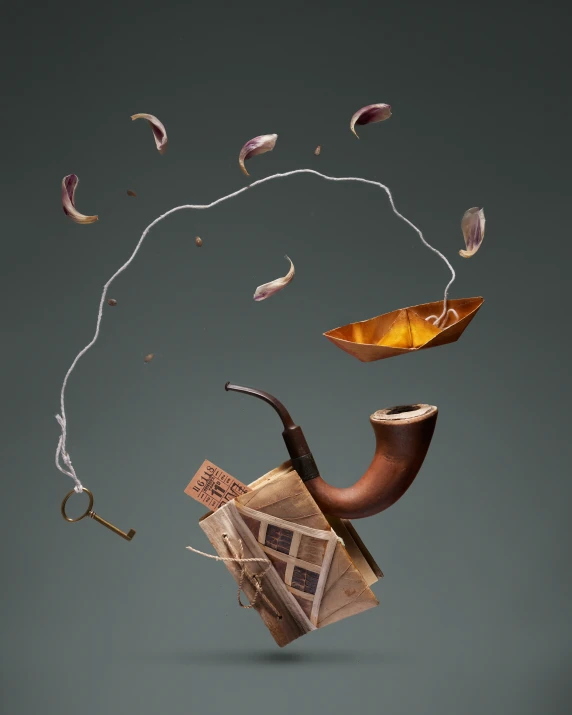 a brown pipe flying in the air with floating papers, leaves and umbrellas around it