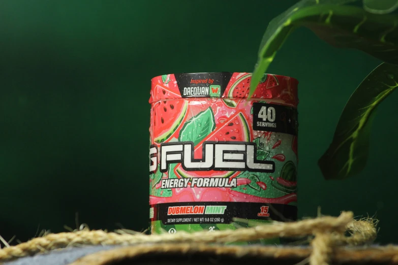 a can of fuel sitting next to a plant