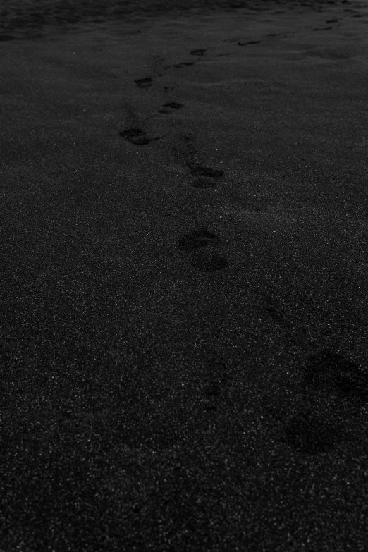 black and white po of an ocean with traces in the sand