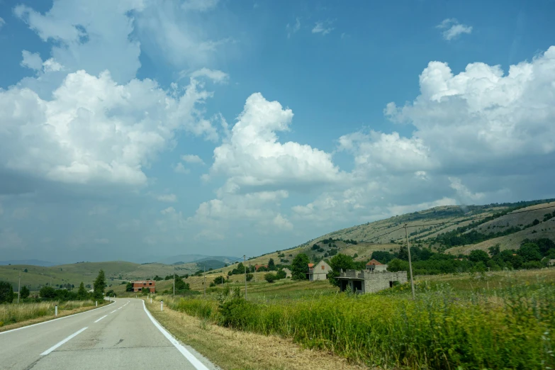 the road is lined with tall grass and bushes