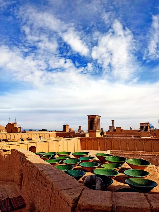 a view over the ruins and a series of dishes