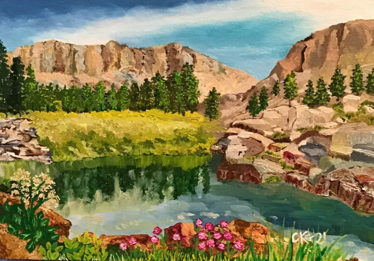 a painting of a scenic scene with mountains and trees