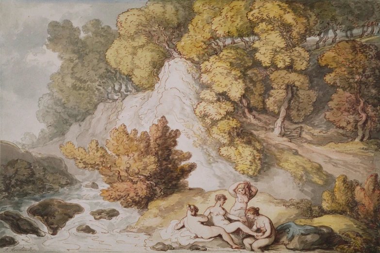 a painting of two  men sitting on rocks near a mountain