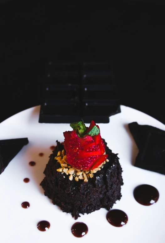 a chocolate cake with chocolate chunks and garnishes on it