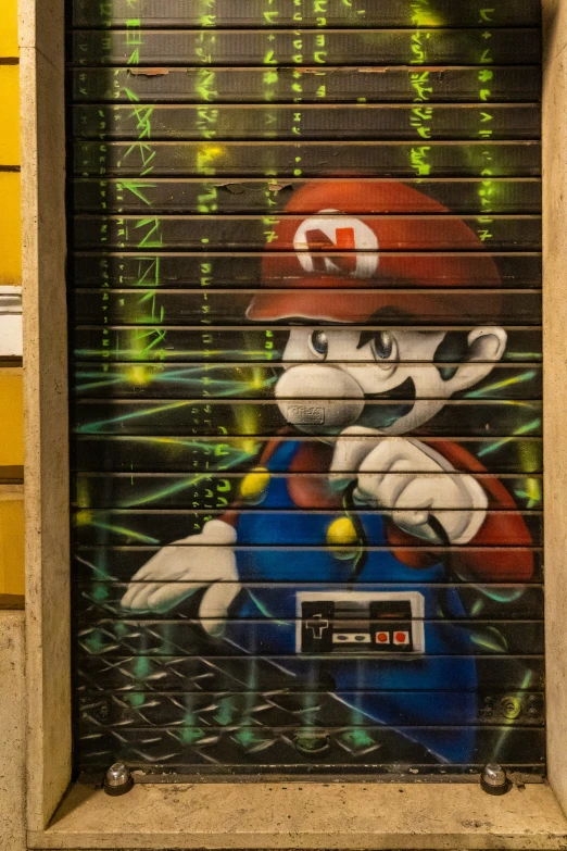 a painting of mario bros is on the blinds in front of a door