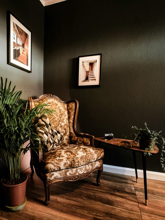 a nice looking chair in front of a big plant