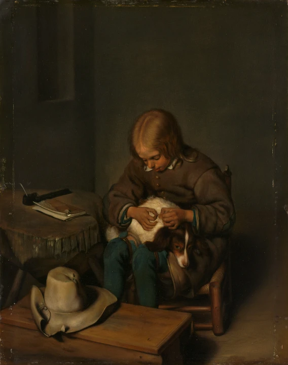 an old time oil on canvas depicting a person in the foreground with a dog and an item to their left