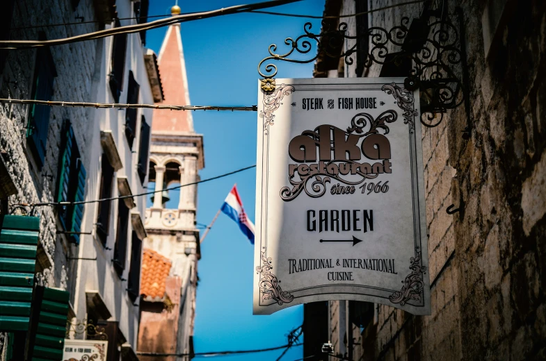 a sign hanging from the side of a building next to other buildings