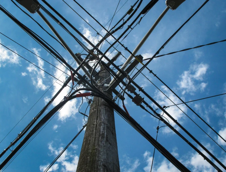 power lines and telephone poles against the blue sky