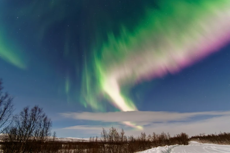 aurora over a road on the arctic tundra