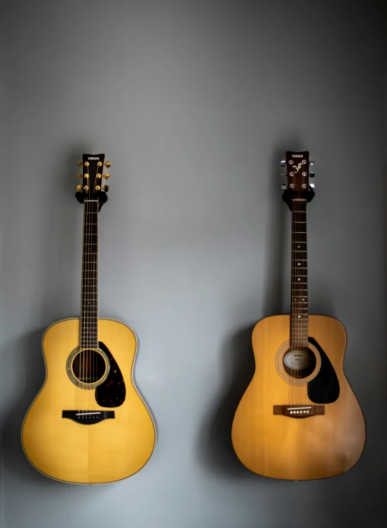 an acoustic guitar sits on the wall next to another guitar