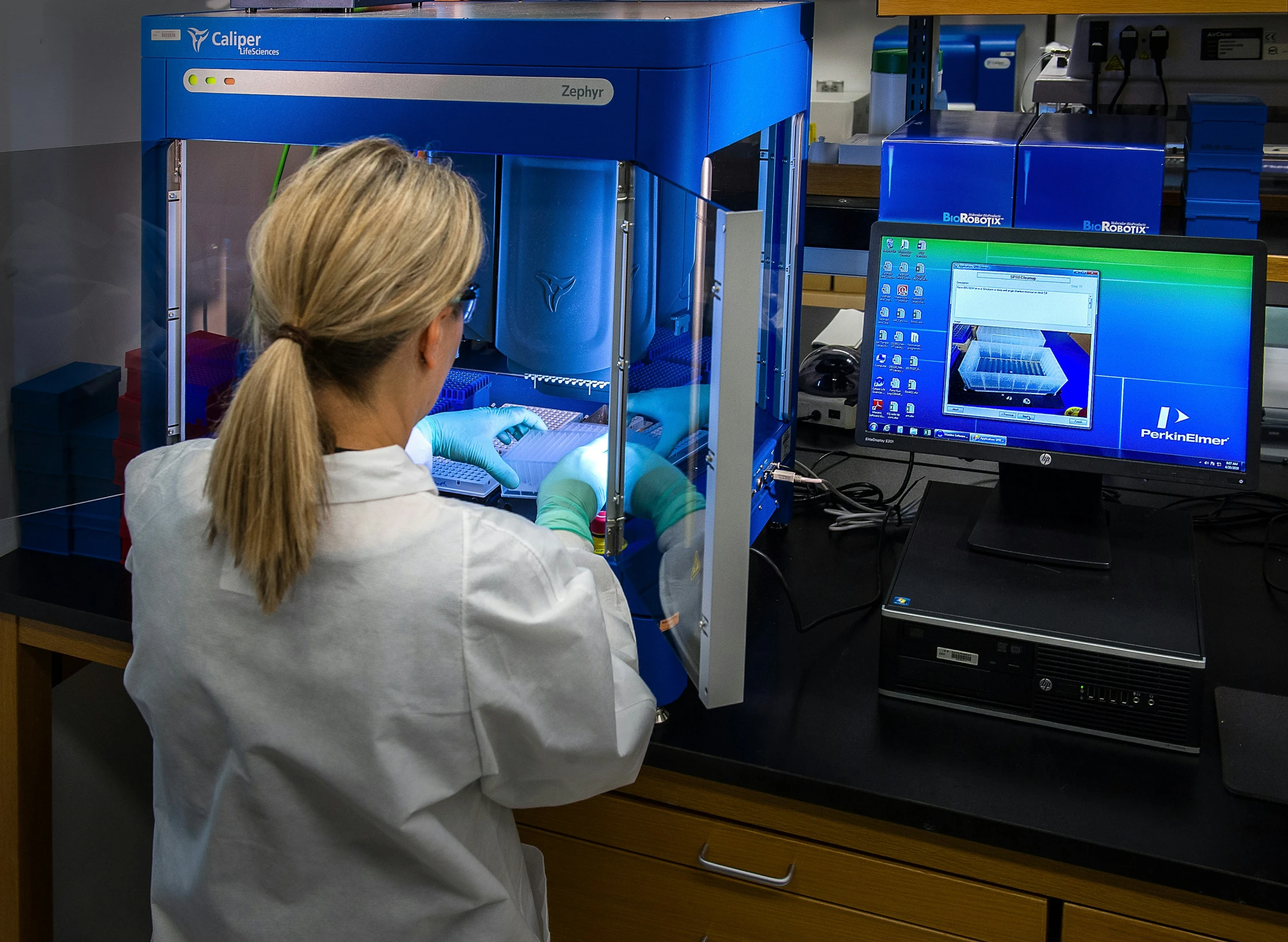 a female laboratory worker looking into a blue shelf