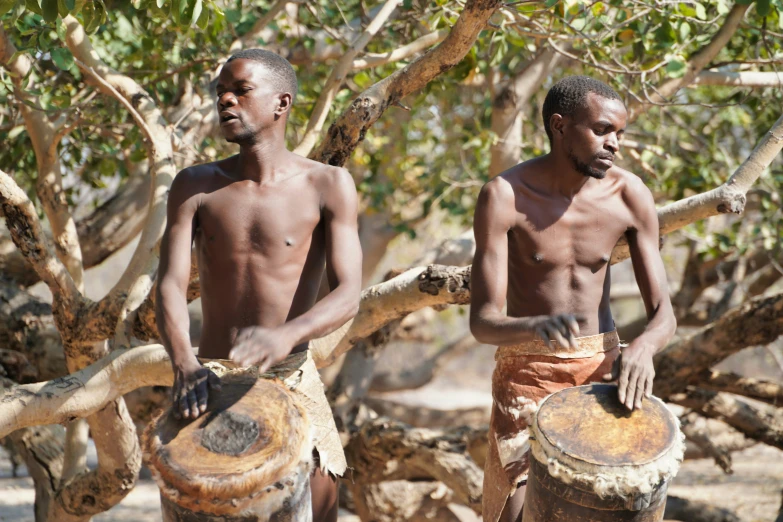 two african boys playing drums in the wild