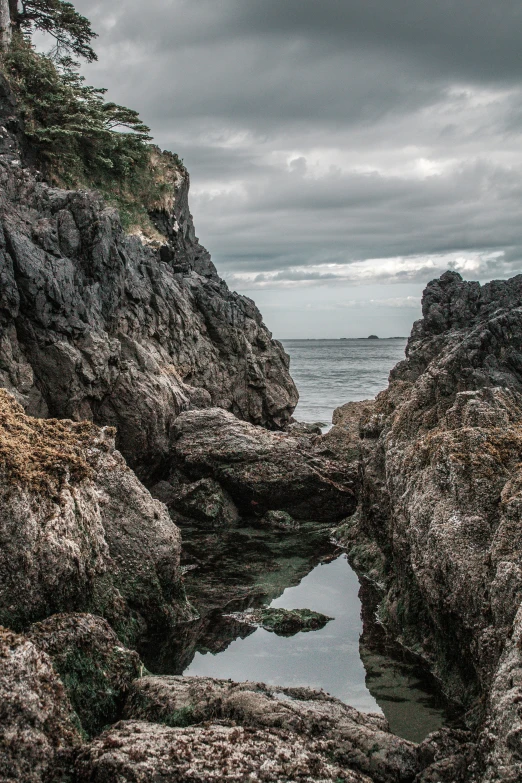 an ocean inlet surrounded by rocky coast