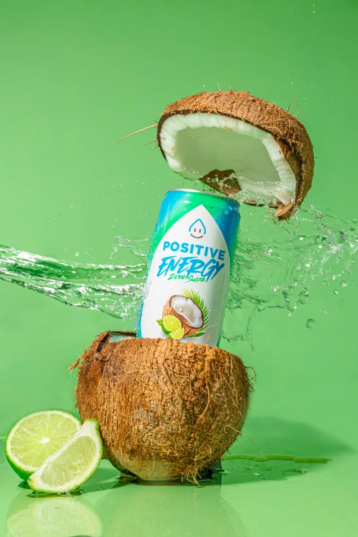 the can is splashing water into the ground next to a coconut