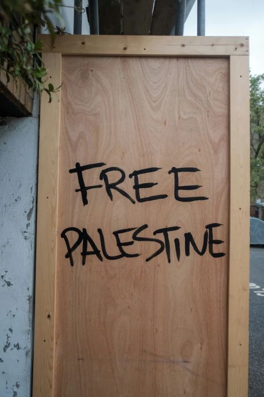 a framed wooden sign that says free palestine on it