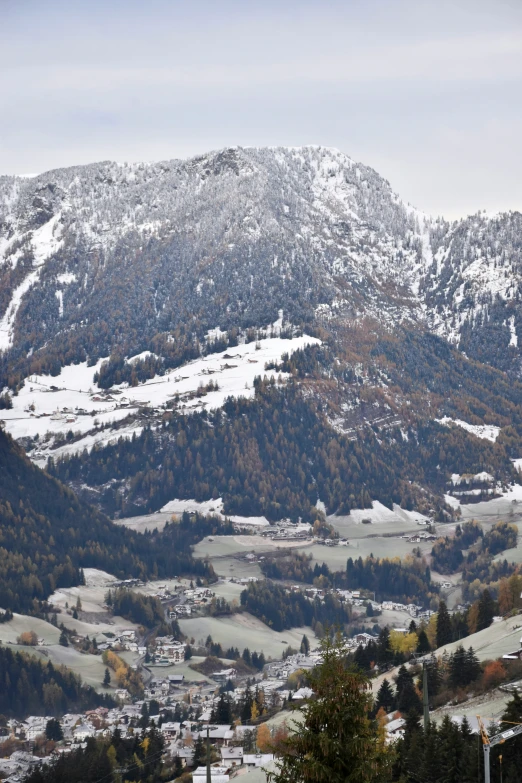 the top of a snowy mountain range with trees below