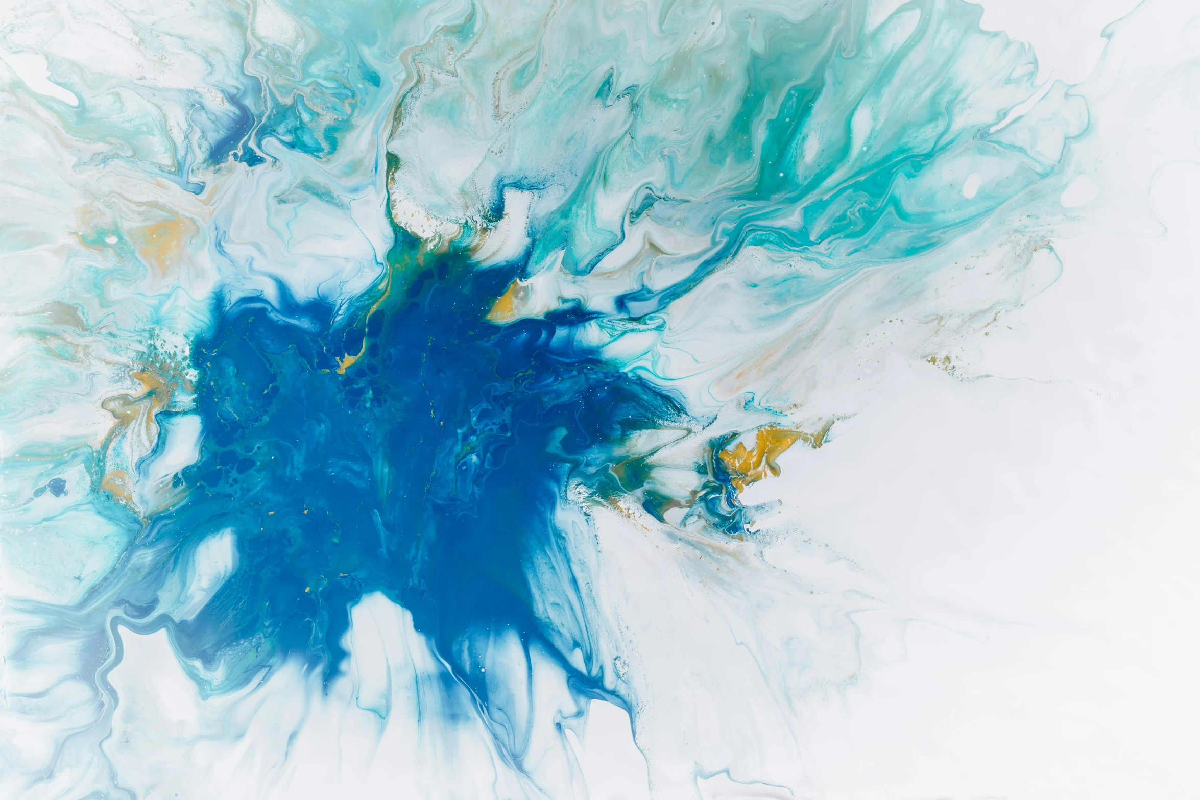 a painting with blue and gold colors and water