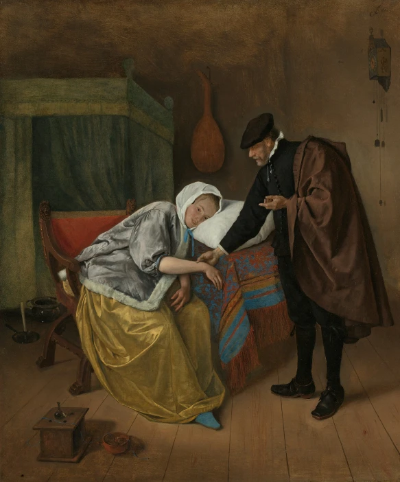 a man in uniform standing next to a bed and a sleeping girl