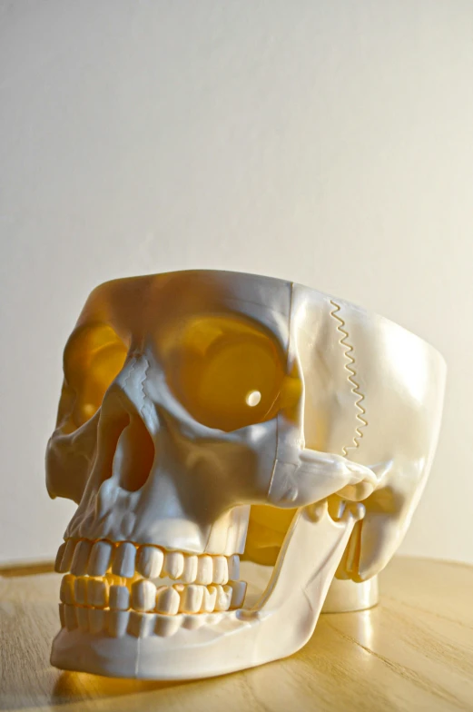 an intricately made skull with a plastic cigarette case on a table