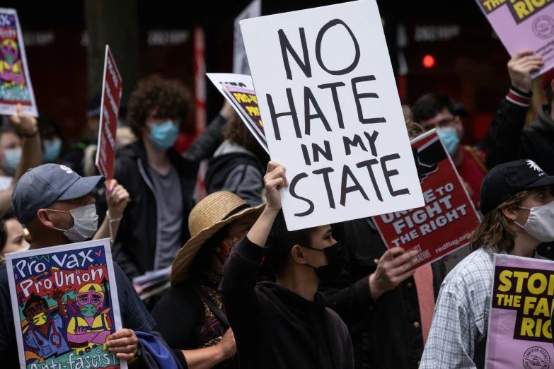 protesters in a demonstration hold placares reading no hate in my state