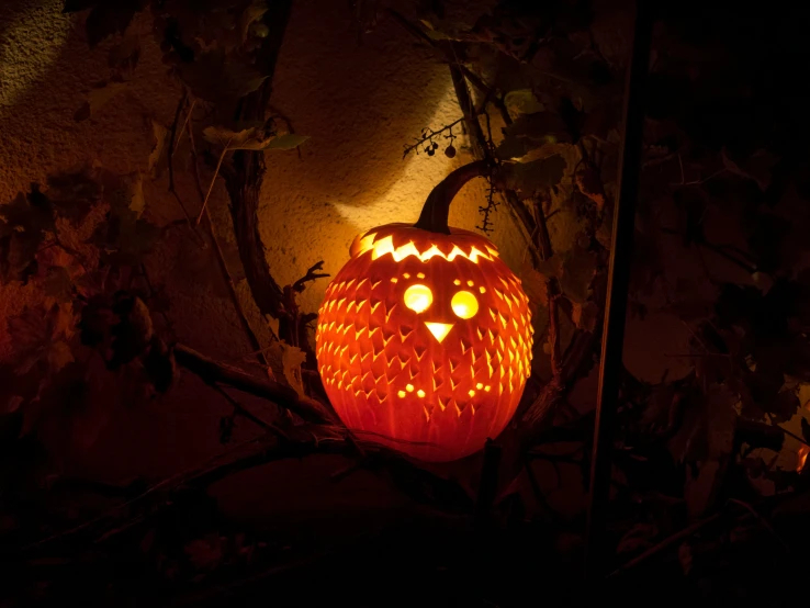 a lit pumpkin is sitting in the dark