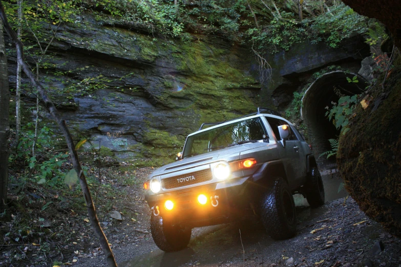 a silver truck driving through a forest filled with trees