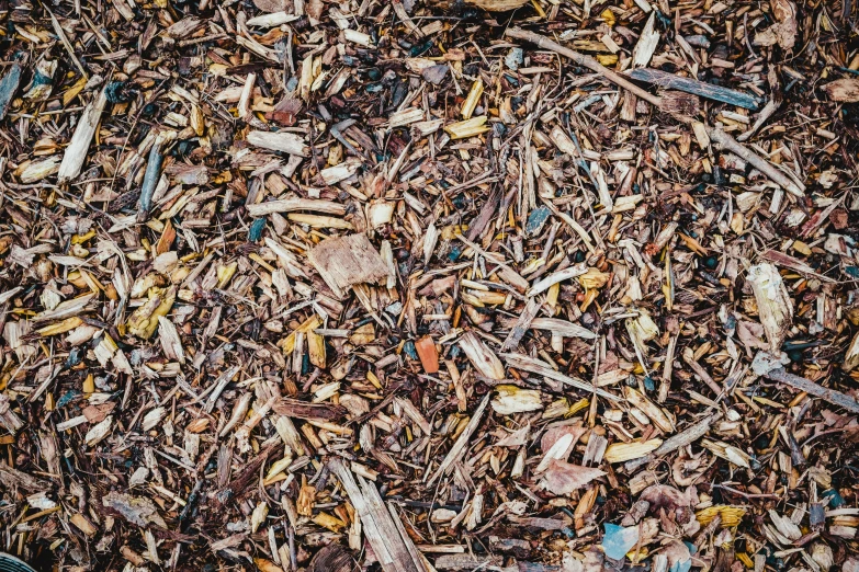 various plastic wrappers on the ground and a brown background