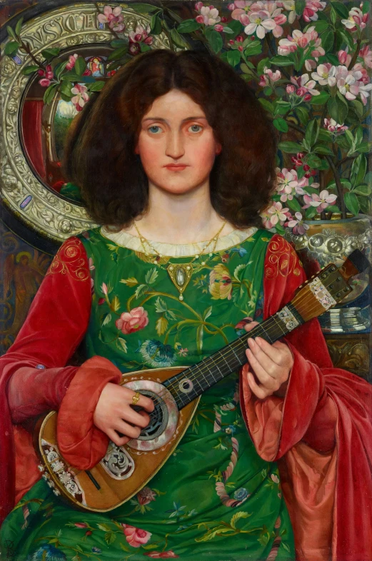 a painting showing an image of a woman in green