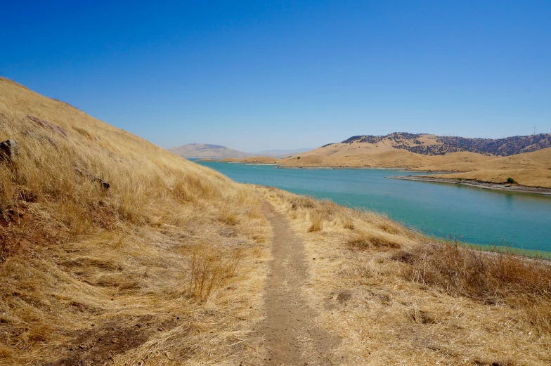 an image of a dirt road going up hill by the water