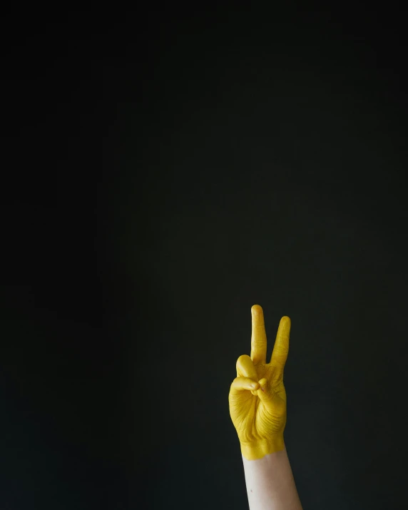 a person is holding up two fingers with a peace sign on it