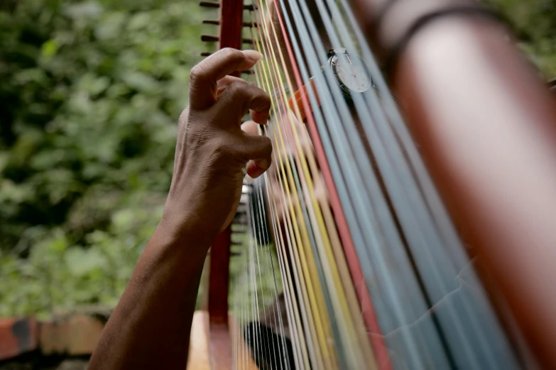 a man holds the strings on his harp for stringing